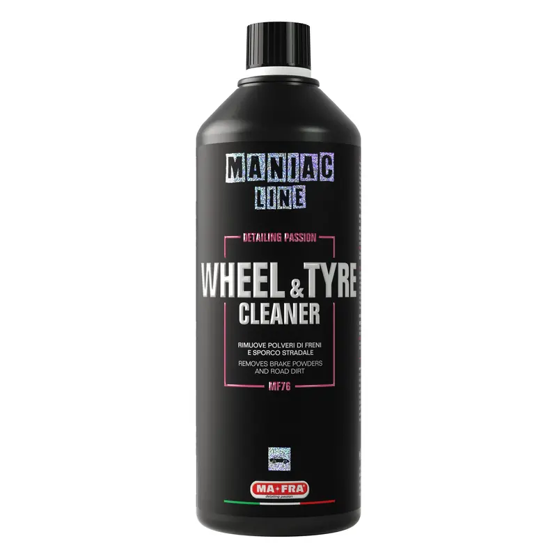 1L Maniac Line Wheel & Tire Cleaner - Acid-Free High-Power Car Cleaning Fluid with Surfactants, Dilute 1:3–1:10 (1:3 Heavy Duty), Grime Removal, Safe on Alloys & Chrome, Wheel Detailing, Prep for Fresh Dressing
