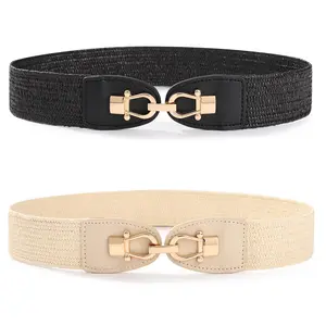AWAYTR 2Pcs/set Bohemian Elastic Braided Belt for Women Metal Buckle Waistband Boho Fashion Accessory for Dresses Jeans