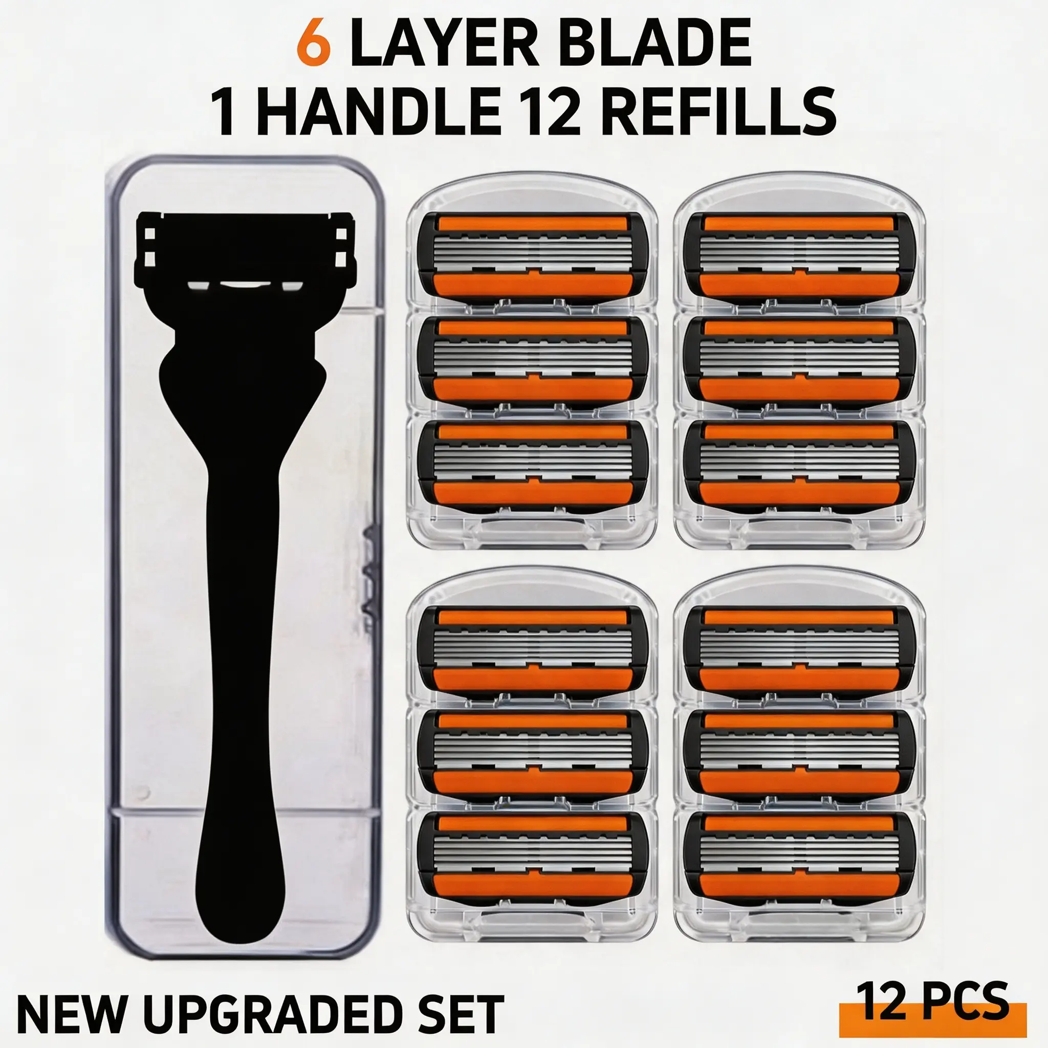 Men's 6-Blade Razor Replacement Heads Set (12/48 Pcs) with Handle & Storage Box, Manual Handheld Refills for Daily Smooth Facial Shaving, Grooming Kit (Sports & Outdoor Camping Waterproofing Accessory)