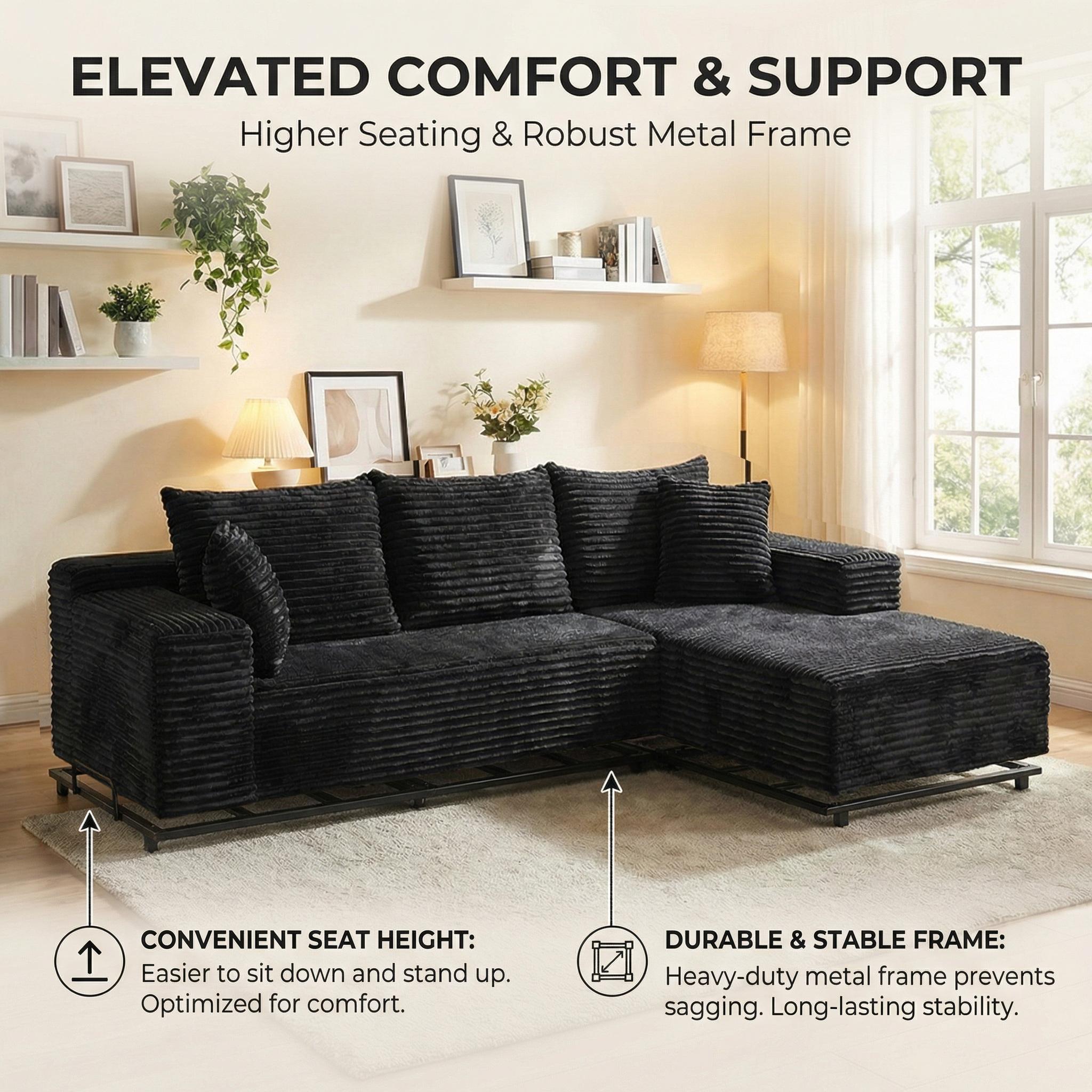 [3 Packages Shipping] Upgraded Elevated L-Shaped Sofa with Metal Iron Frame 105" Boneless Sectional Cloud Couch Corduroy Velvet Modular with Chaise No Assembly Required Living Room Furniture