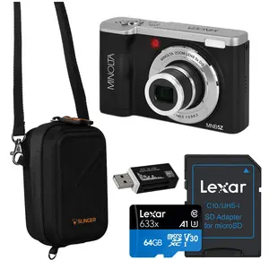 Minolta MNB5Z 56MP 5K Ultra HD 2.8" LCD Screen Digital Camera, Black, Bundle with Camera Case, 64GB Memory Card, Multi Card Reader