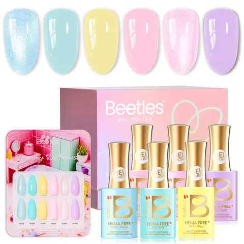 Beetles Hema-Free Aesthetic Gel Nail Polish Assortment Kit - 6 Cosmetic Colors (Spring Pink, Yellow, Blue, Glitter, Shimmer, Mint Jelly), Soak-Off UV LED Gentle Strawberry Cream Blend, Manicure Dreamy Dollhouse Afternoon Tea Ballet Rosa DIY Gift for Women
