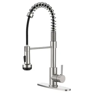 Kitchen Faucet with Pull Down Sprayer Brushed Nickel Stainless Steel, Spring Kitchen Sink Faucet with 4 Function Spray Head, Single Handle Deck Mount Faucet with 10 Inch Deck Plate for 1 or 3 Hole Farmhouse RV Utility Sink