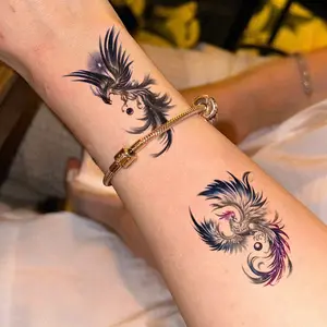 Phoenix Tattoo Sticker, Gradient Dye, Luxurious Feather Pattern, Ink Texture, Arm & Clavicle, Multicolor, Waterproof, Safe, Long-Lasting, Body Fake Tattoos, Temporary Fake Tattoo