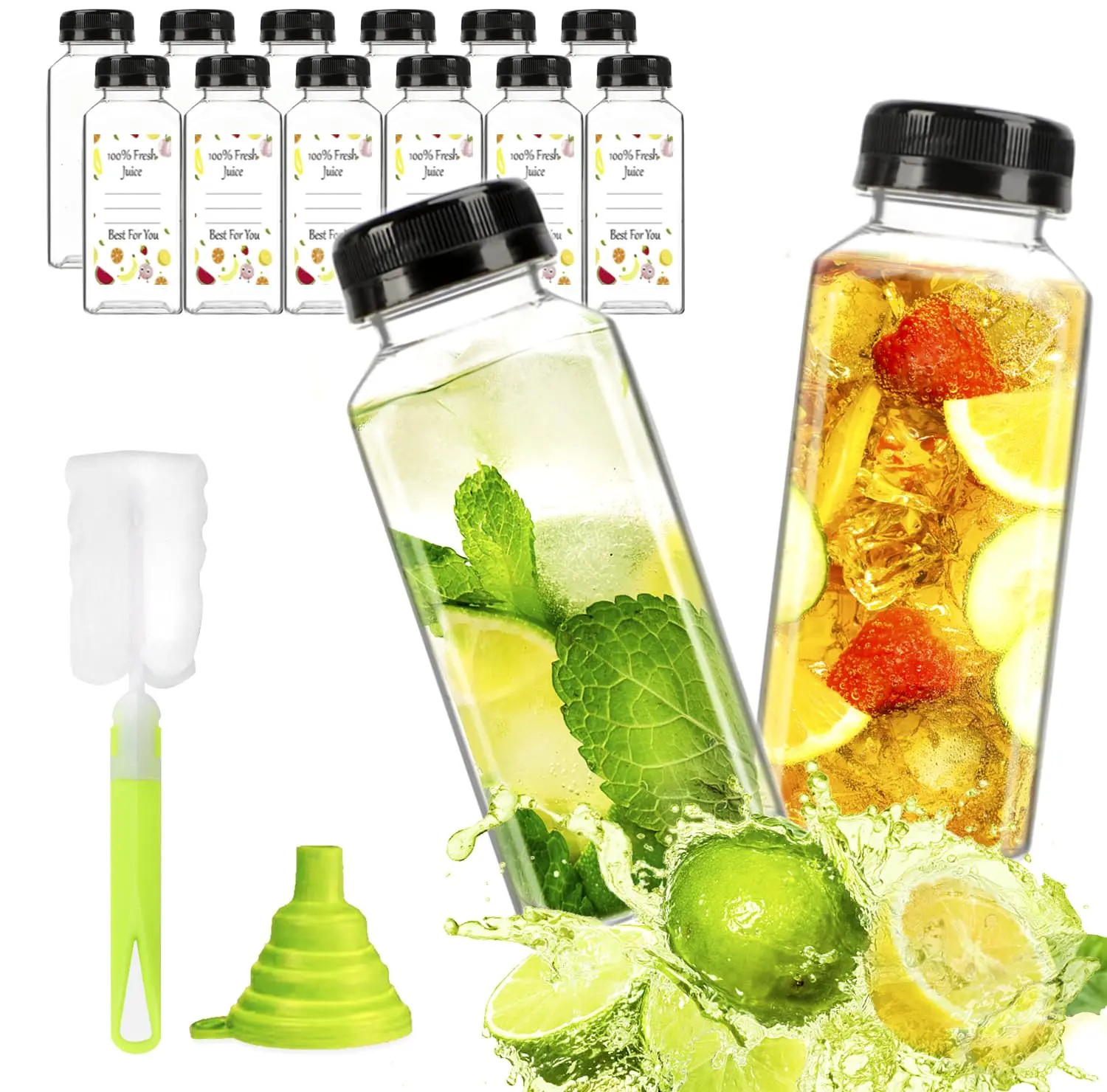 12pcs 12oz Plastic Juice Bottles, Reusable Juice Containers with Black Tamper Proof Lids, Brush, Funnel and Labels, Clear Juice Containers for Juicing, Smoothie and Homemade Beverages