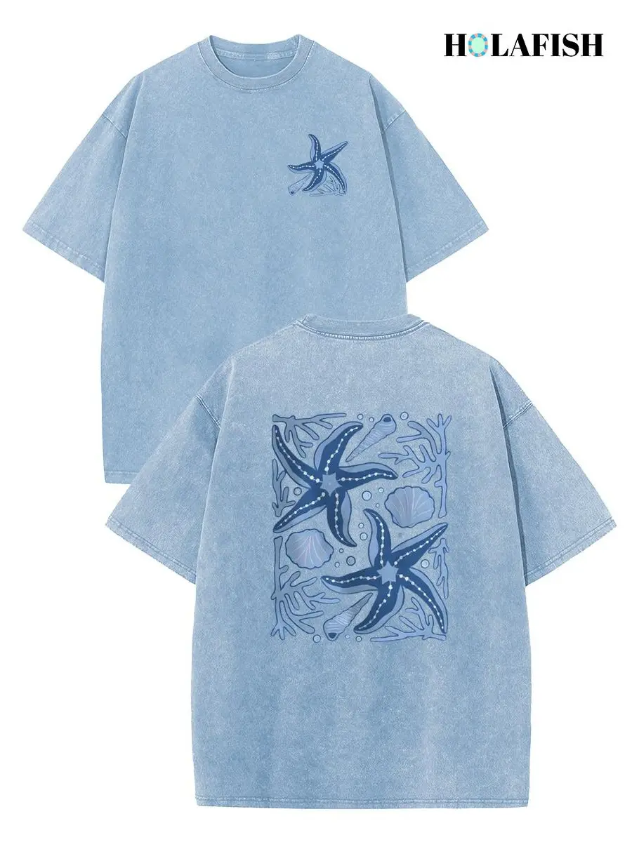 Holafish Cotton Crewneck Starfish Pattern Acid Washed T‑Shirt Retro Dual‑Side Graphic Printed Unisex Fashion Tees Summervibes Casual Top 2026