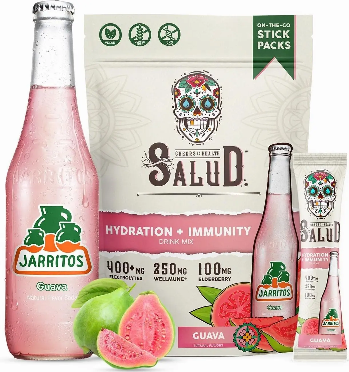 Salud x Jarritos 2-in-1 Hydration Packets + Immunity Electrolytes Powder, Guava - Agua Fresca Drink Mix, Elderberry, Dairy & Soy Free, Non-GMO, Gluten Free, Vegan, 1g Sugar (15 Servings)