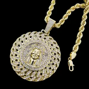 MaxBling81 Men's Iced Gold-Plated Jumbo Jesus CZ Pendant Statement Necklace, Rhinestone Costume Jewelry with 8mm 24in Cuban Rope Chain, Daily Hip Hop Fashion Accessory