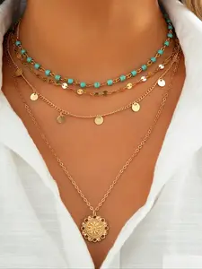 Boho Turquoise Necklace with Y-Shaped Pendant, Soft Multi-Step Design, Casual Beach Fashion Accessory for All Seasons