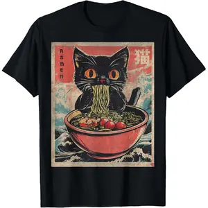 Comfort Cotton Cat Ramen Japanese Funny Graphic Tees Kawaii Cat Anime Gifts T-Shirt