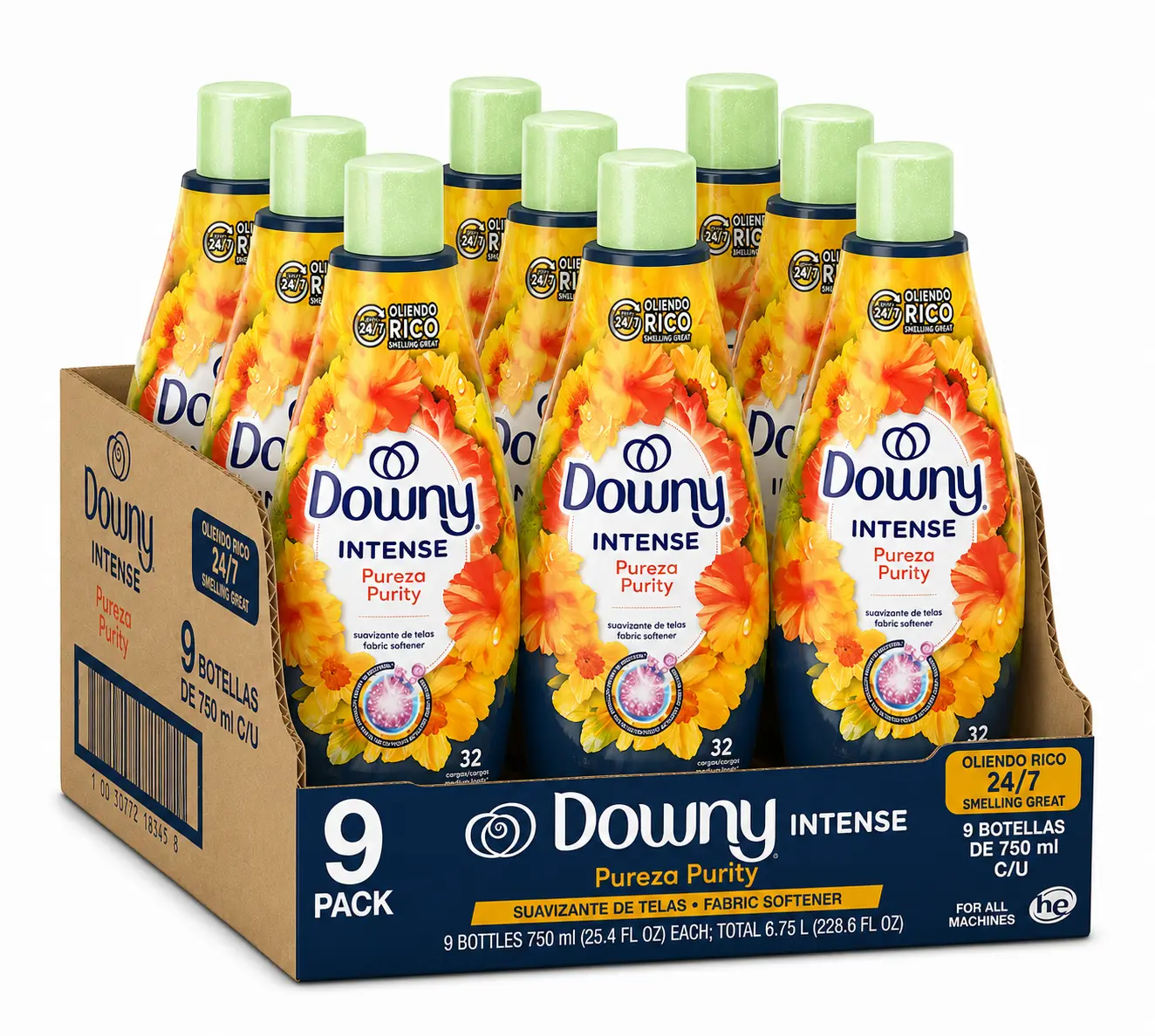 Downy Intense Pureza Purity Liquid Fabric Softener, 9 Pack, 25.4 fl oz Bottles, Long-Lasting Fresh Floral Scent