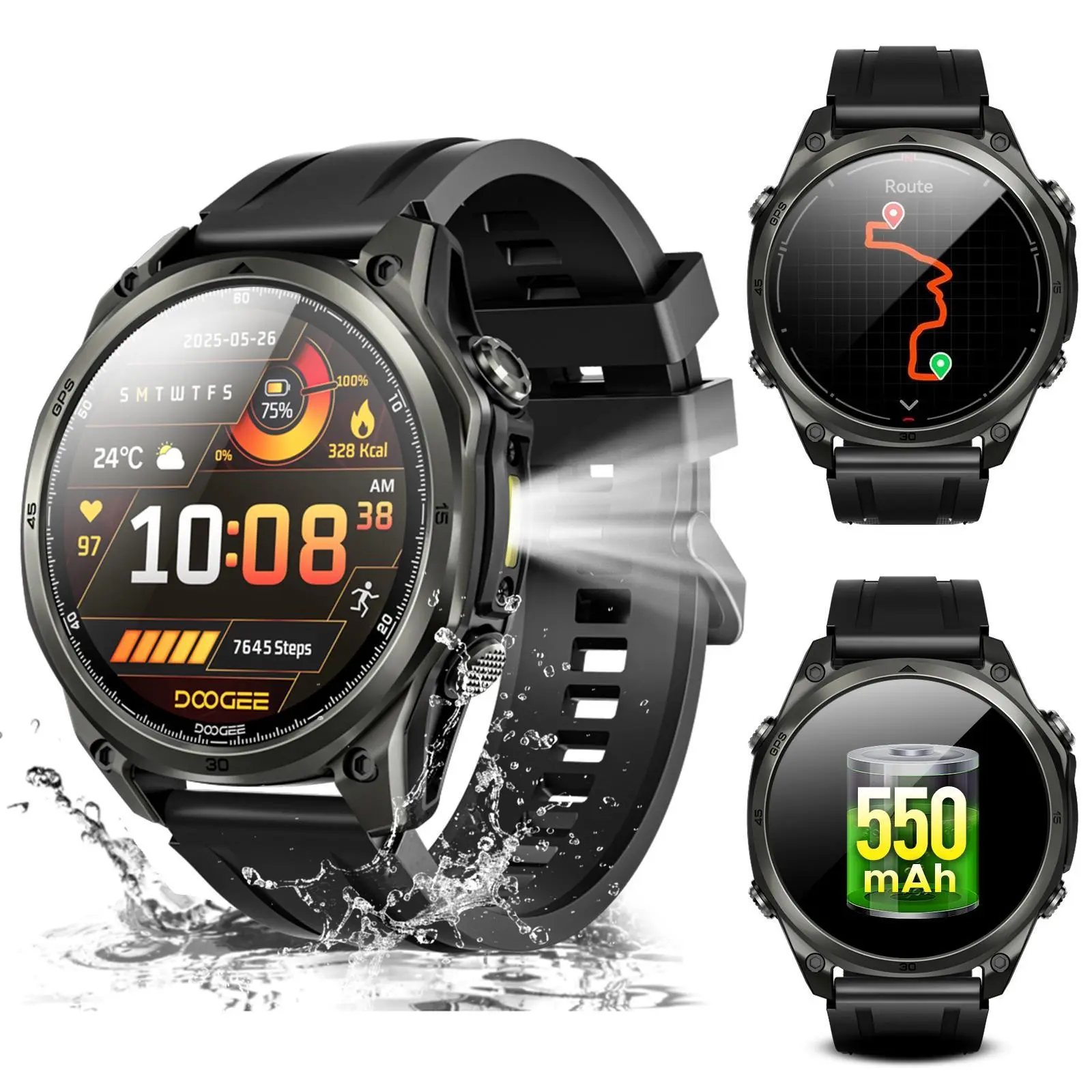 DOOGEE Anywise W1 Smart Watch AI, 5ATM GPS, 170+ Sports, Calls, 12-Day Battery, Flashlight, 1.43''