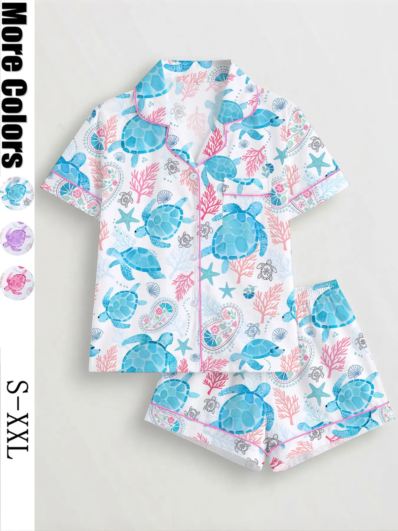 Women's Turtle Print Sleepwear Set, Short Sleeve Button-Up Top & Elastic Shorts, Casual All Seasons Pajamas, Comfortable Home Wear, Loungewear, Homewear, Lady, Breathable Summer Sleepwear, Casual Nightwear, Lounge Pjs Set, Sleepwear Outfits