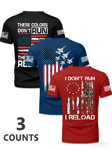 Men's American Flag Print T-Shirt Set, Soft Round Neck, Slightly Elastic, Breathable Casual Top, Short Sleeve, 3 Piece
