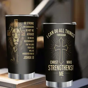 20oz Christian Lion & Cross Stainless Steel Insulated Cup, Joshua 1:9 & Philippians 4:13 Verses, Portable Faith Travel Mug with Lid, Vacuum Insulated Kitchenware Flask