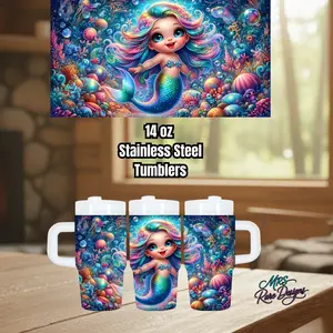 14oz Stainless Steel Mermaid Kids Tumbler with Handle & Straw – Colorful Ocean Design by Mrs Rare Designs