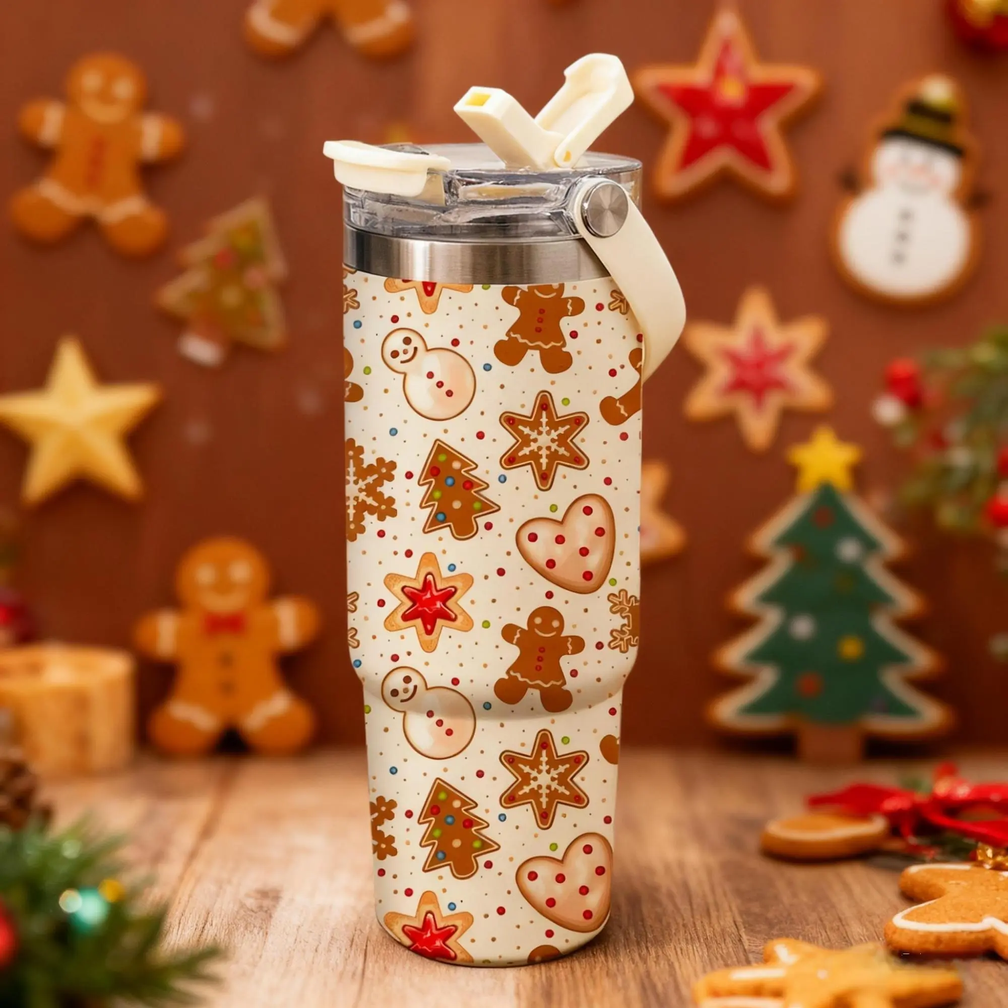 1 Pc 30oz insulated mug, double wall vacuum cup, leak-proof skinny thermal mug for hot cold drinks, Christmas gingerbread snowman tree design, keeps warm 12 hours and cold 24 hours, holiday insulated mug gift for women men friends winter