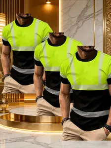 Men's Casual Fashion 3-Piece Short Sleeve Set, Breathable Mesh Fabric, Neon Yellow-Black Print, High Visibility Workwear Safety Style, Perfect for Construction Site, Road Work, Outdoor Commute, Personalized Practical Breathable Top
