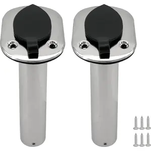 ISURE MARINE 2PCS Boat Stainless Steel Polished Fishing Rod Holder Flush Mount 15/30/90 Degree Casting Flange with Rubber Cap, Liner, Gasket PVC Cap and Inner Tube for Marine Yacht Kayak