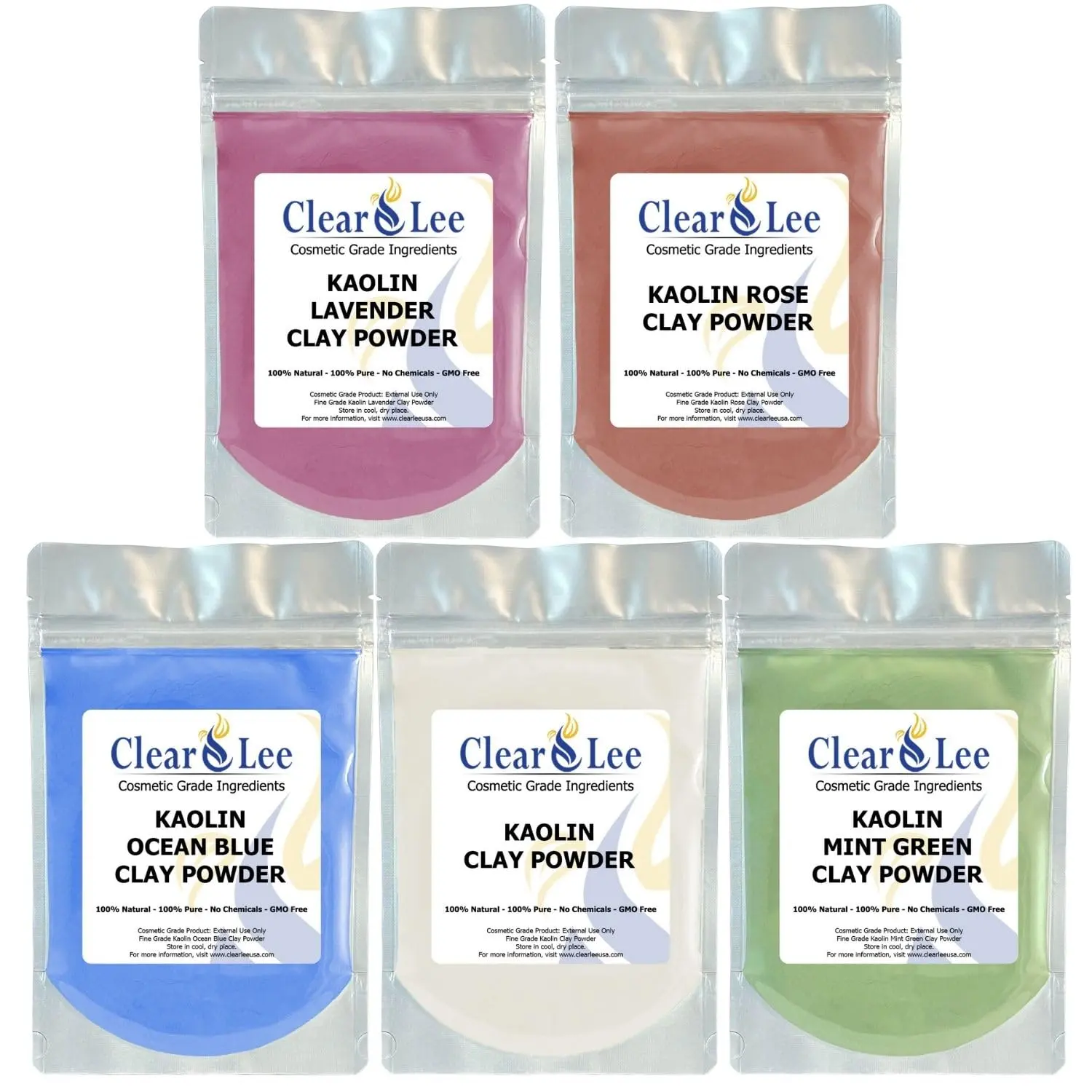 ClearLee Kaolin Clay Cosmetic Grade Powder Sample 5 Pack (White, Rose, Ocean Blue, Mint Green, Lavender) - Unscented Natural Fine Powder