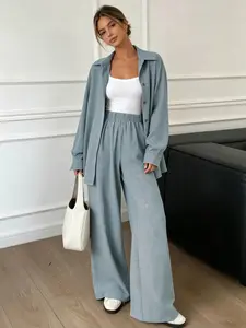 Two piece set of women's fashionable, high-end, relaxed, Casual, plain textured long sleeved shirt+high waist wide leg pants set, suitable for all seasons, suitable for short trips, exploring stores, shopping, daily home, workplace, commuting