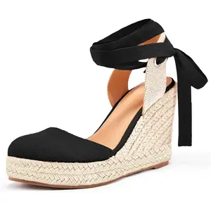 Coutgo Women's Elegant Stylish Espadrilles Wedge Heels - Closed Toe, Ankle Strap, Lace Up Platform Summer Footwear, Fashion Summer Shoes