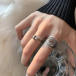 VENTFILLE 925 Stamp Adjustable Fitted Rings - 925 Sterling Silver Vintage Bold Alternative Artistic Hollow Line Punk Thai Silver INS Fashion Hip Hop Couple Party Jewelry, Vintage Rings