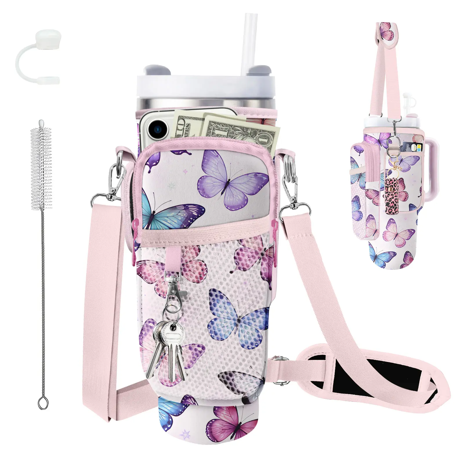 Stanley Cup Bag 40/30 oz Insulated Water Bottle Carrier Bag with Phone Pocket, Neoprene Water Bottle Holder with Adjustable Shoulder & Handle Strap, Stanley Cup Accessories, Colorful Butterflies