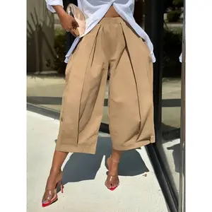 Women's Polyester Woven Plain Casual Solid-Color Wide-Leg Ankle Pants with Pocket, Machine Washable All-Season Overalls Bottoms