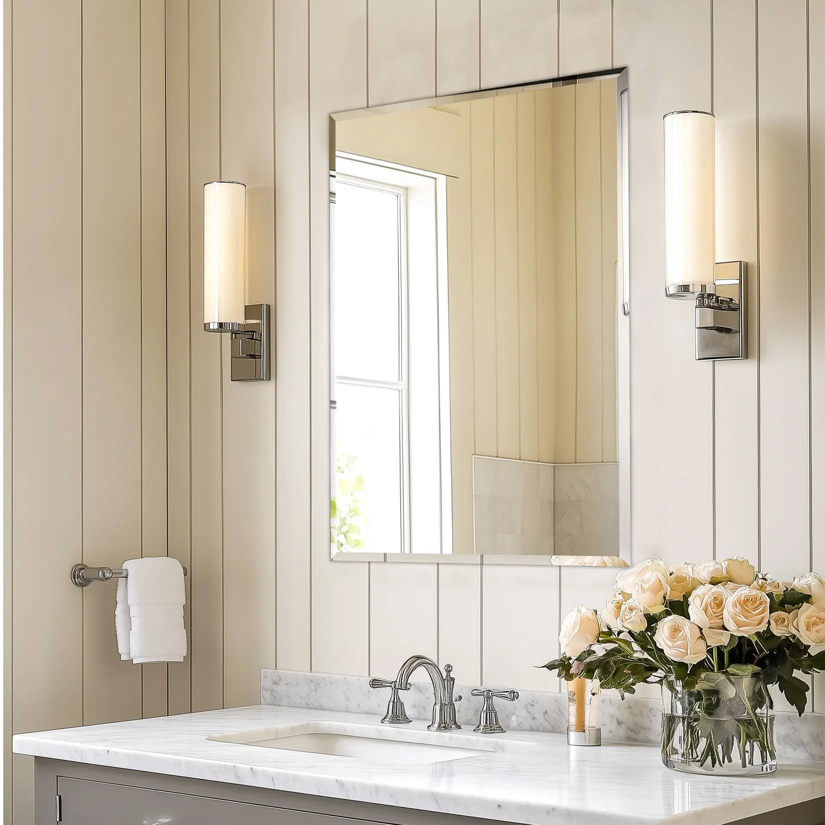 Frameless Rectangle Beveled High-Def Glass Wall Mirror - 6.9kg Minimalist Vertical Mirror Wall Decor for Bathroom Vanity, Living Room Bathroom Fixtures