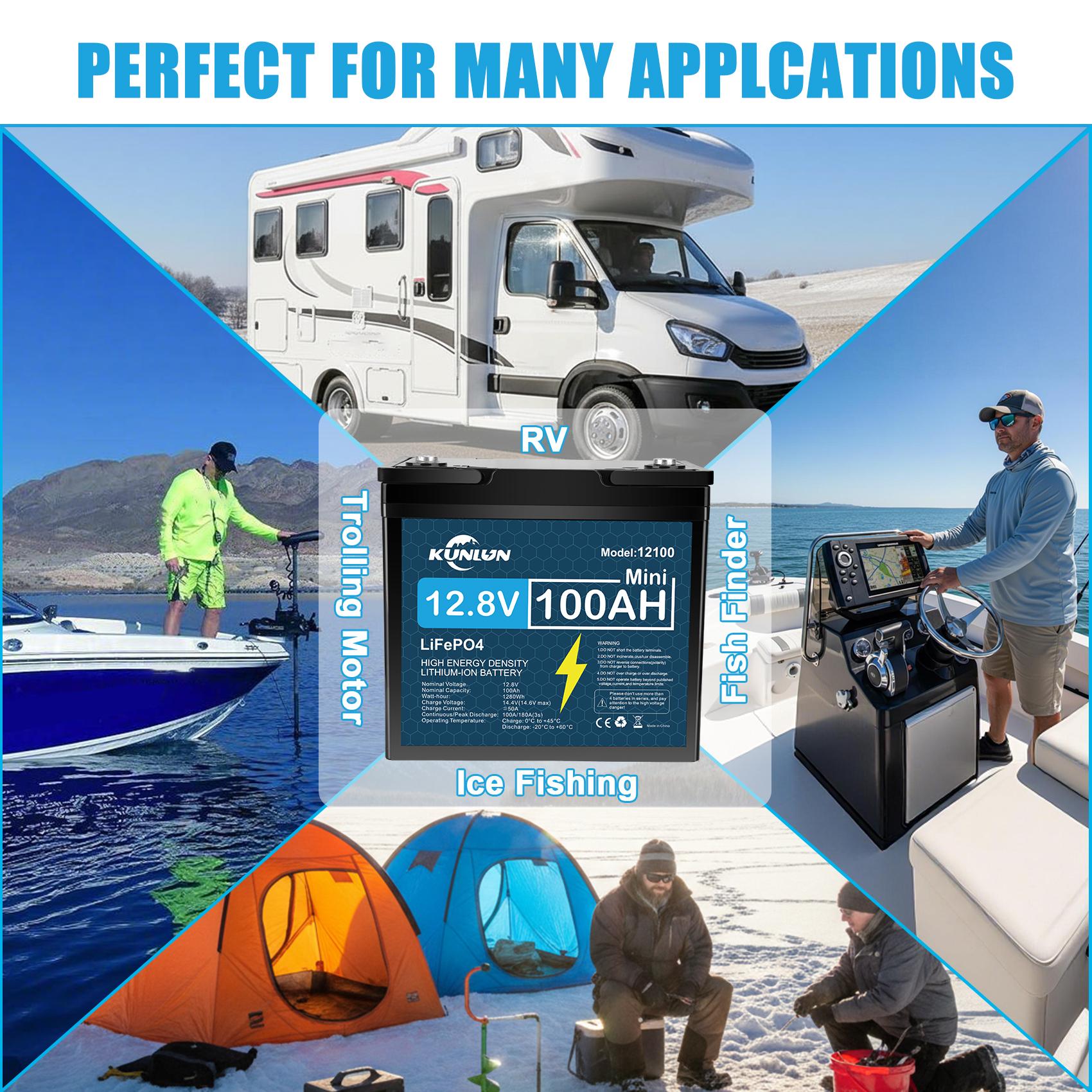 KUNLUN 12V 100Ah LiFePO4 Battery Model 12100 with 100A Smart BMS 5000+ Cycles 1280Wh Energy for RV Marine Trolling Motors Off-Grid UPS Solar Camping E-Wheelchair Maintenance-Free Rechargeable Portable Power Station KUNLUN 12V 100Ah LiFePO4 Battery Model 12100 with 100A Smart BMS 5000+ Cycles 1280Wh Energy for RV Marine Trolling Motors Off-Grid UPS Solar Camping E-Wheelchair Maintenance-Free Rechargeable Portable Power Station