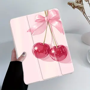 Cherry & Pink Bow iPad Tablet Case Transparent Acrylic Hard Back Panel With Pencil Slot, Suitable for Ipad mini pro air, Scratch-resistant Ultra-thin, Shock-resistant Full Cover Protective Case Suitable for Home, Office & School, Ipad tablet accessories