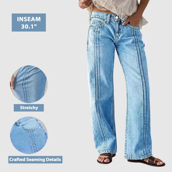 Flamingals Wash Stitch Detail Mid Waist Straight Leg Jeans Stretchy 30.1'' Inseam