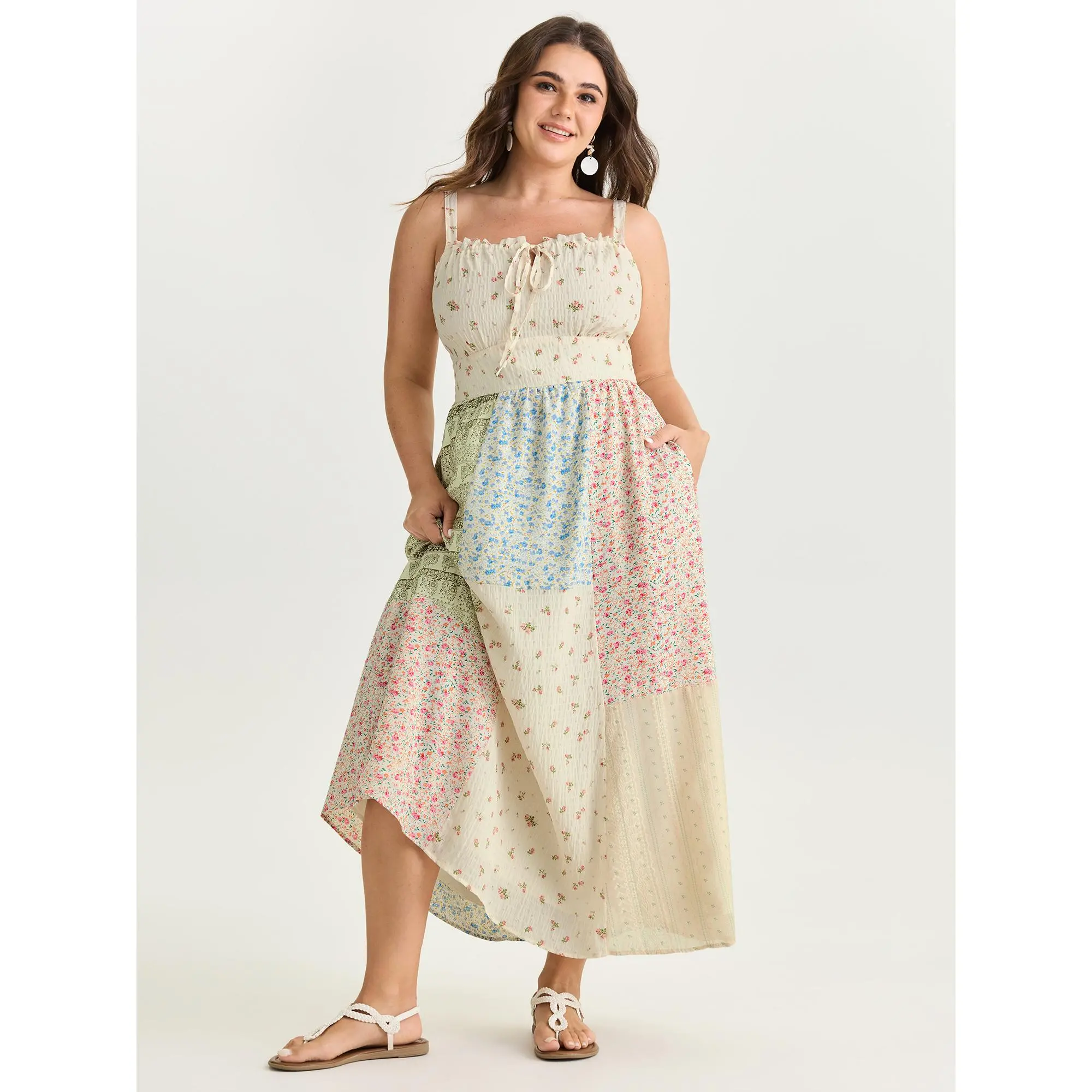 BLOOMCHIC Women's Plus Size Floral Maxi Dress [M-6X] - Boho Patchwork Print Flowy Summer Dress with Adjustable Drawstring Waist, Casual Vacation Beach Dress, Curvy Women's Clothing[M-6X] Back To School,Spotlight Day