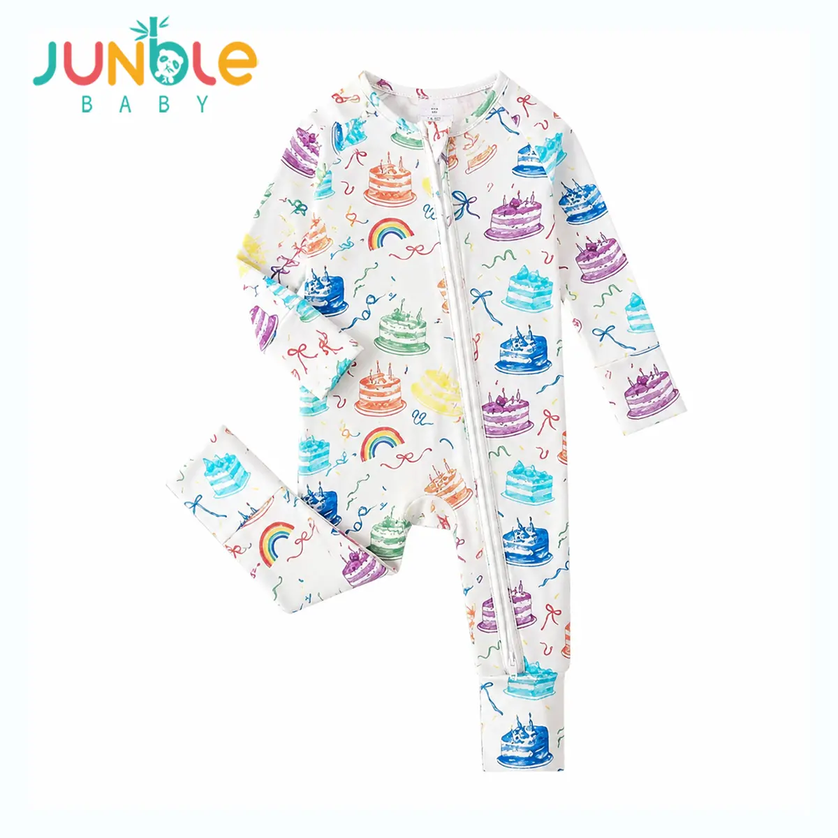 JUNBLEBABY Bamboo Basic Baby Pajamas, 2-Way Zipper Long Arm Sleeve Romper, Cake Print Convertible Footies, Ultra Soft Viscose Infant Sleepwear for Newborn Toddler 1st Birthday, Easy Diaper Changes Nightwear, Long Sleeve, First Birthday, Two-Way Zipper