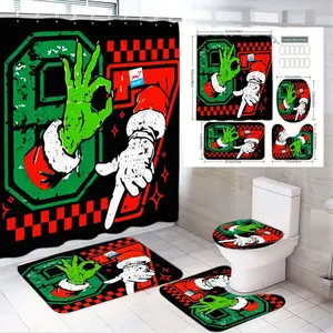 1/4pcs The Grinch Christmas Bathroom Set - Black Shower Curtain with Grinch & Santa Gloved Hand Design, Red/Black Checkered Pattern, Matching Toilet Mat, Rectangular & Accent Bath Mats - Festive Holiday Themed Bathroom Decor