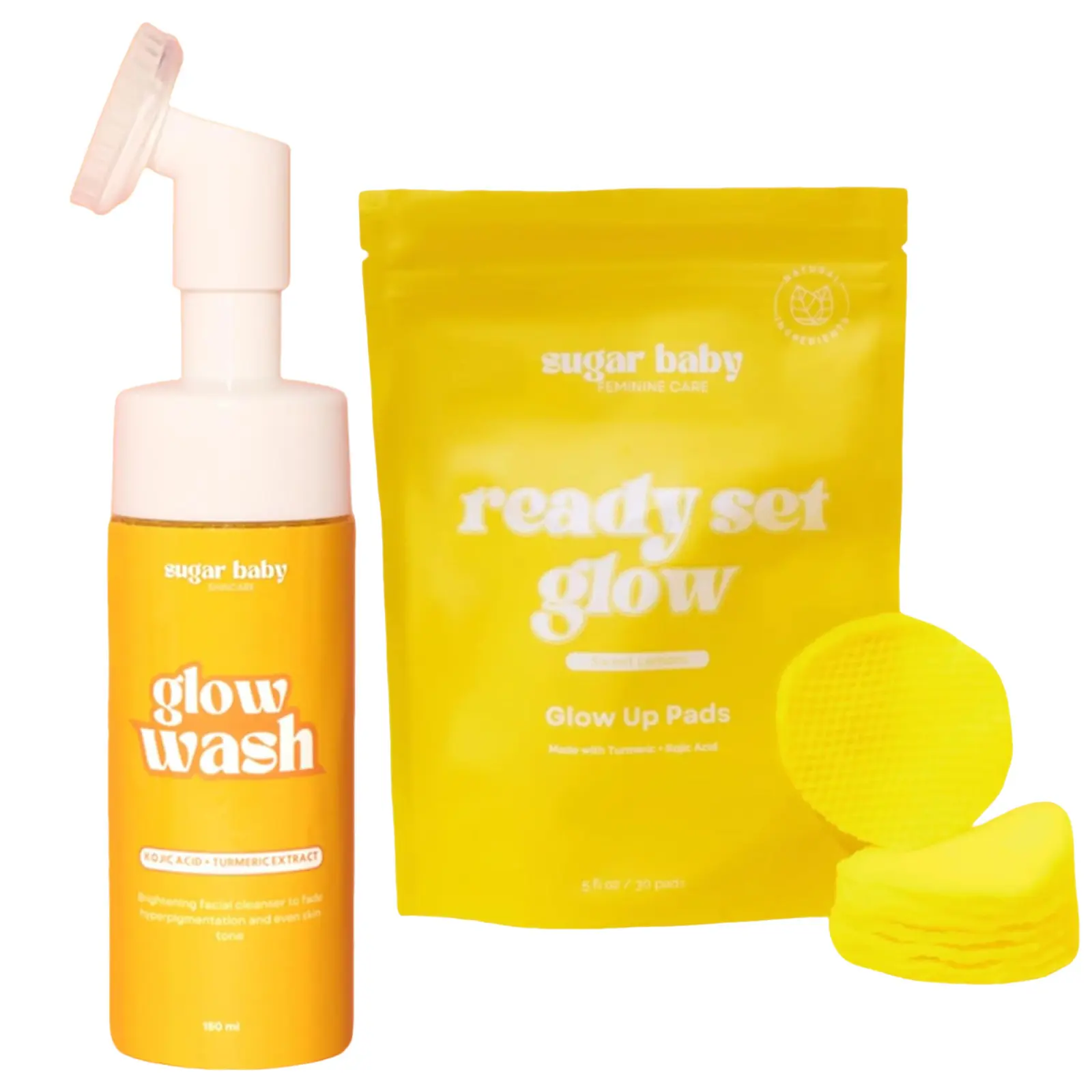 Sugar Baby Glow Up Face Wash + Pads, Turmeric Brightening Cleanser & Exfoliating Set