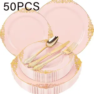 50 Piece and Gold Plastic Plates Set, Vintage Style, Includes Forks, Ideal for Wedding Parties, Suitable for 20 Guests