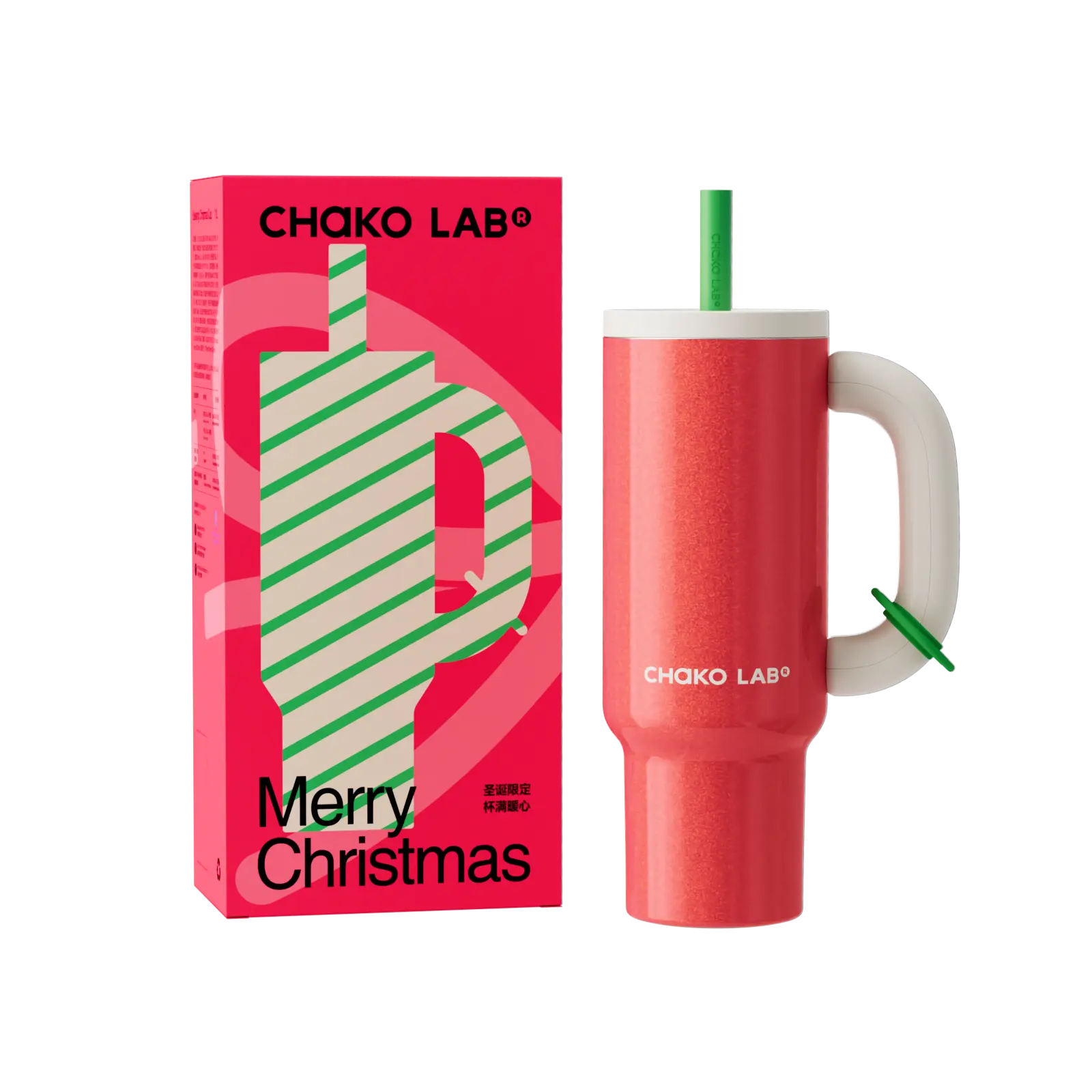 CHaKO LAB Cylindrical Christmas 316 Stainless Steel Vacuum Flask Tumbler (35oz/1050ml) - BPA-Free, Leak-Proof, Drink-Keeping, Silicone Straw & Handle, Portable, Cup Holder Friendly, Red & White Printed Christmas Gift for Adults, Ceramic