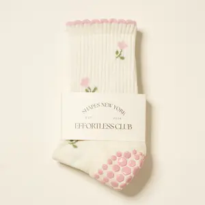 Effortless Club Grip Socks, Tulip, Crew Half Calf Non-Slip Socks, Cute Girlie Pilates Socks, with Ruffle Details