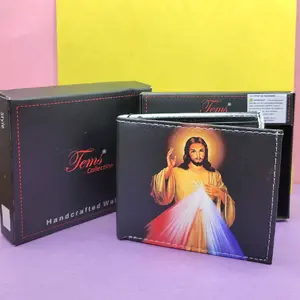 Sacred Heart of Jesus Western wallet  printed pattern two sides short bi-fold religious faux leather wallet in box