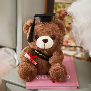 Graduation Teddy Bear Stuffed Animal, Curly Fur Plush Bear with Mortarboard Hat, Cute Grad Plushie Decor Party Favor Gift