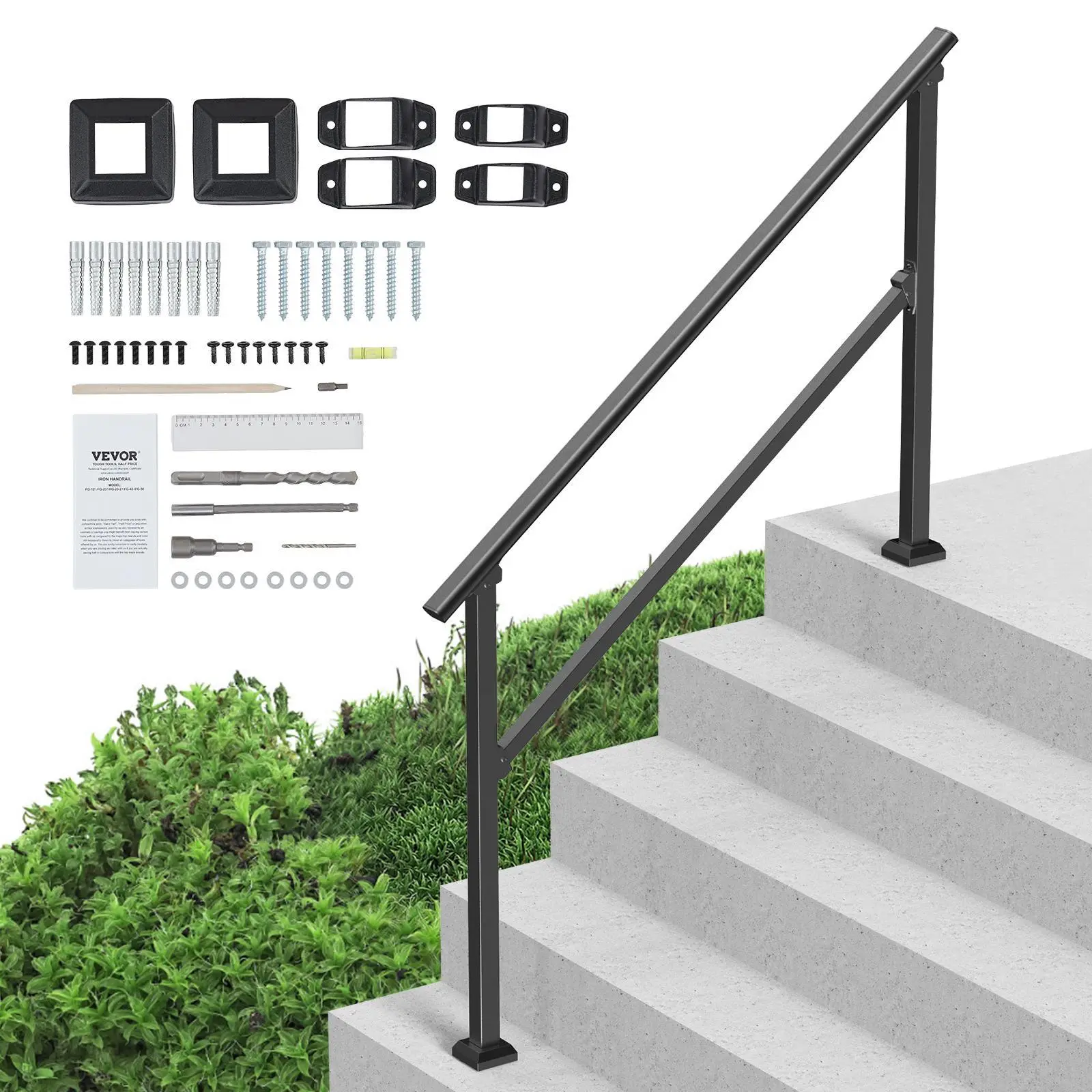 【SummerFinds】VEVOR Handrails for Outdoor Steps,  4-5 Step Stair Hand Rail Kit, Transitional Carbon Steel Railings with Installation Kit, Stair Rails for Seniors, Concrete Steps & Porch & Deck, Black Square Tube