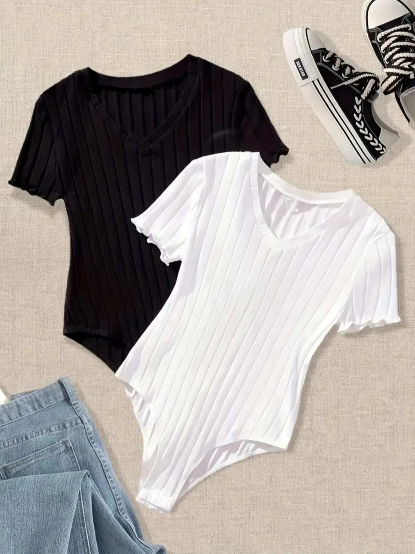 Women's Ribbed Striped Jumpsuit Set, V Neck & Front Pocket Design, Casual Elastic Fabric, Spring Summer Fall Winter Wear