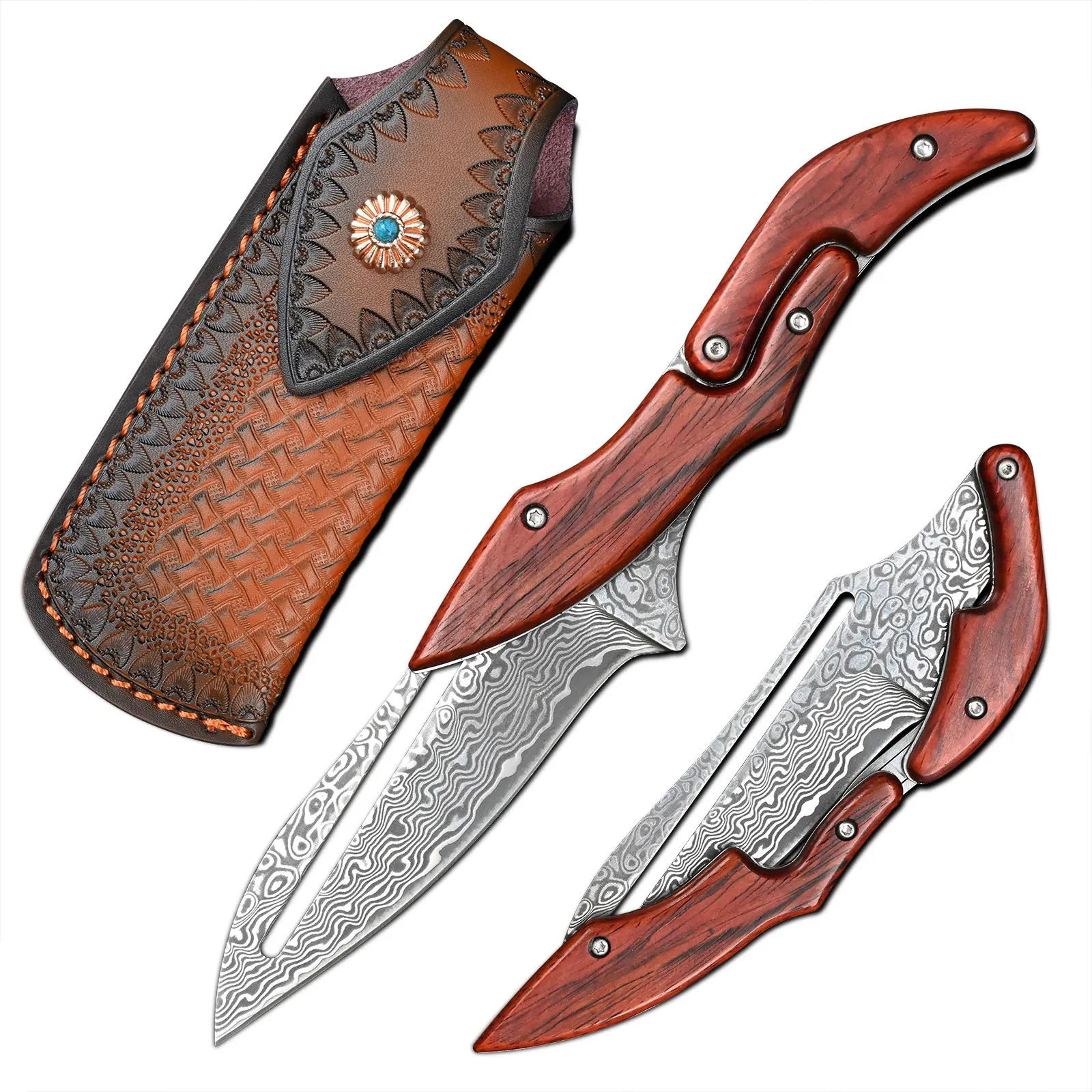 SDOKEDC VG10 Damascus EDC Pocket Knife - Yellow Sandalwood Handle, Mechanical Lock, End Loaded Survival Pocket Knife for Outdoor Camping Fishing, Edc Pocket Knives, End Loaded Knives