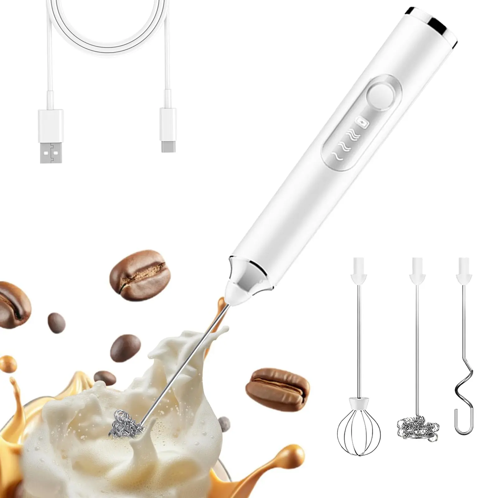 White Rechargeable Cordless Handheld Coffee & Cappuccino Milk Frother - Button-Activated, 3-Head Detachable, 3-Speed Adjustable, USB Charging, Easy-Clean, Easy-to-Use, Dual Placement, Stand Included, Travel-Friendly