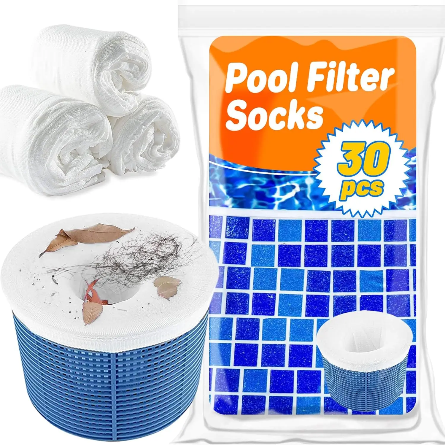30-Pack Pool Skimmer Filter-Socks Pool Socks for Skimmer Filters Baskets Savers for Cleans Debris,Leaves,Other Small Particles In-Ground and Above-Ground