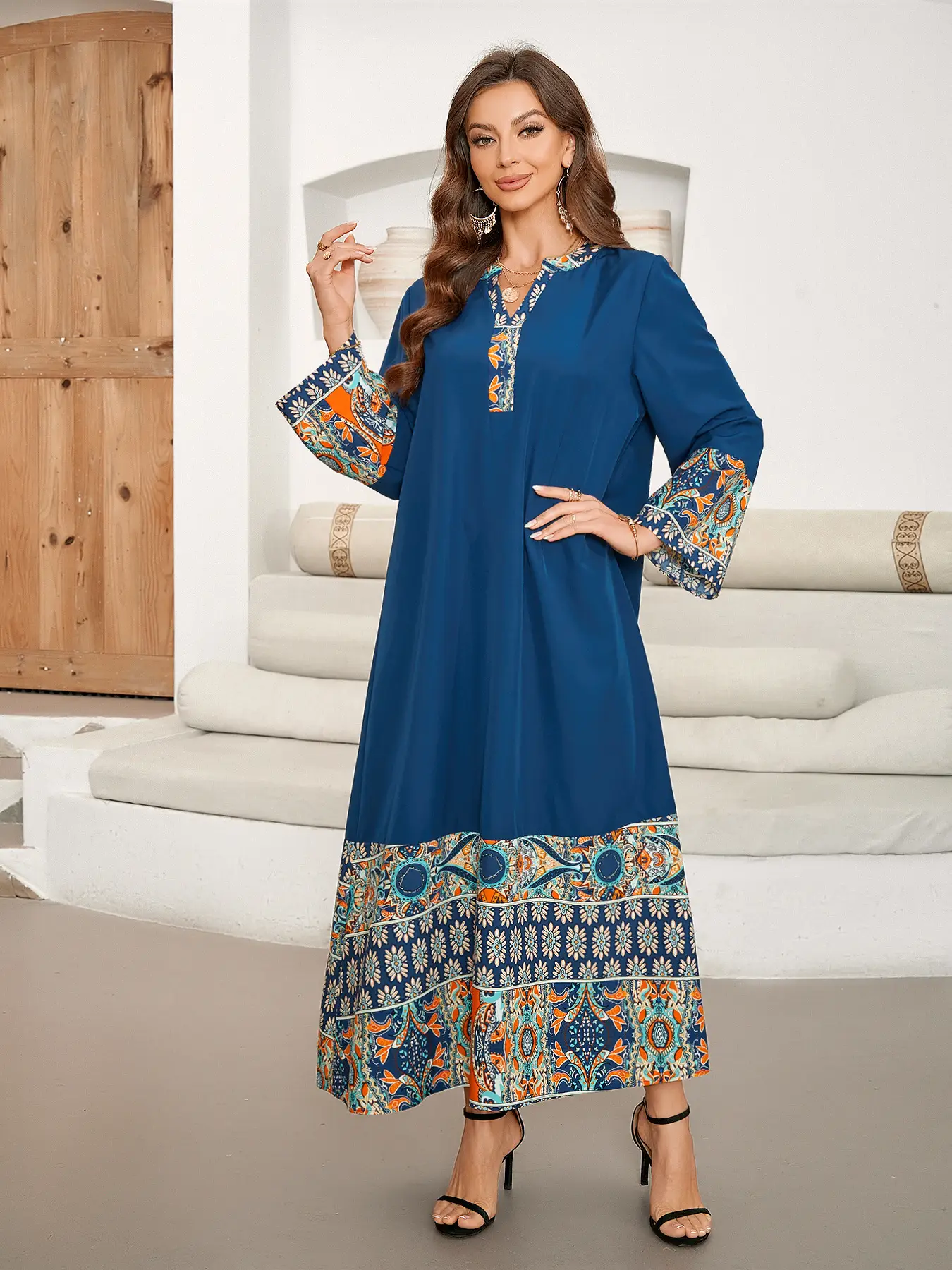 Muslim Printed Patchwork Long V Neck Elegant Mid-Length Sleeve Dress, Loose-Fit Woven Fabric, All Seasons Wear, Middle Eastern Kaftan Style, Muslim Ev
