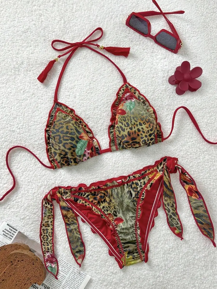 Swim Vcay Women's Vintage Colorful Leopard, Zebra, Floral Print Ruffle Tie-Up Halter Tasseled Beach Bikini Set Bathing Suits For Woman Bathing Suits Women Set Swim Suits For Women Women Bikini Sets Bathing Suits For Women Summer Women Bikini Sets