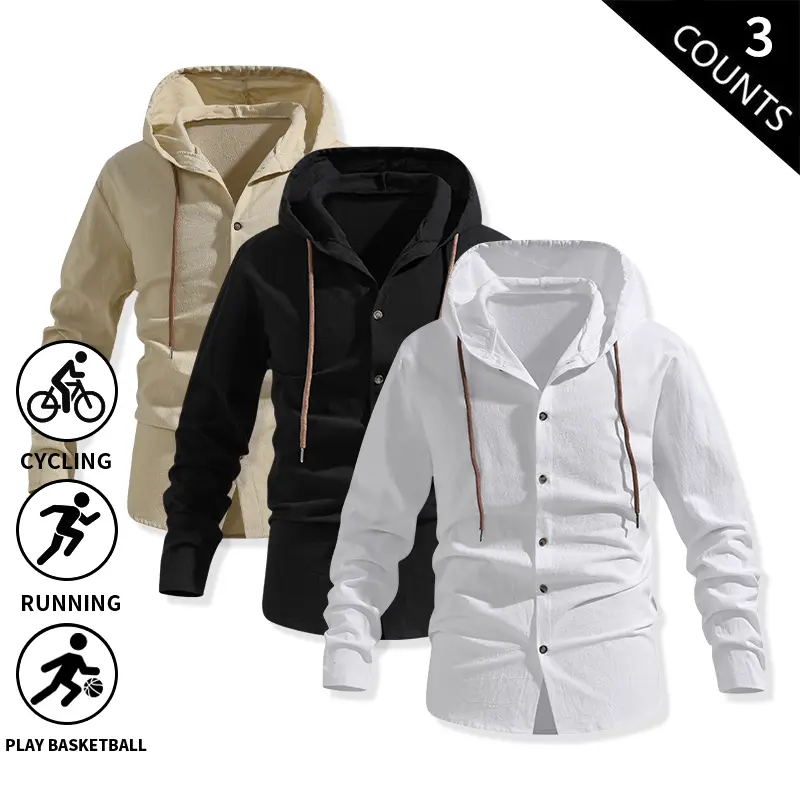 3-Pack Men’s 100% Cotton Hooded Long-Sleeve Button-Down Shirts, Casual Hoodie Shacket with Drawstring for Outdoor Sports, Running, Cycling